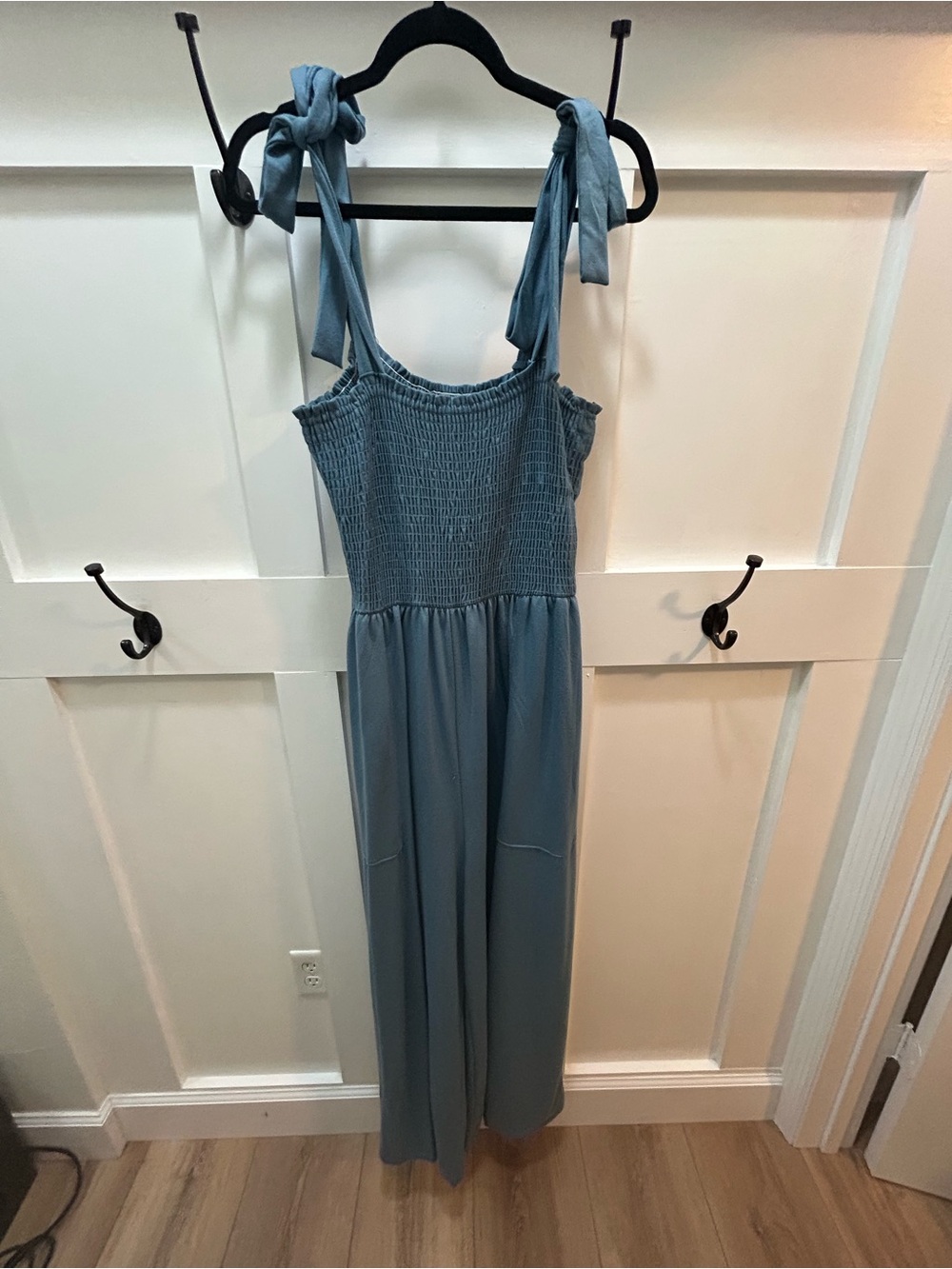 NWOT Boutique brand Three Bird Nest Smocked Tie-Strap Jumpsuit in Dusty Blue